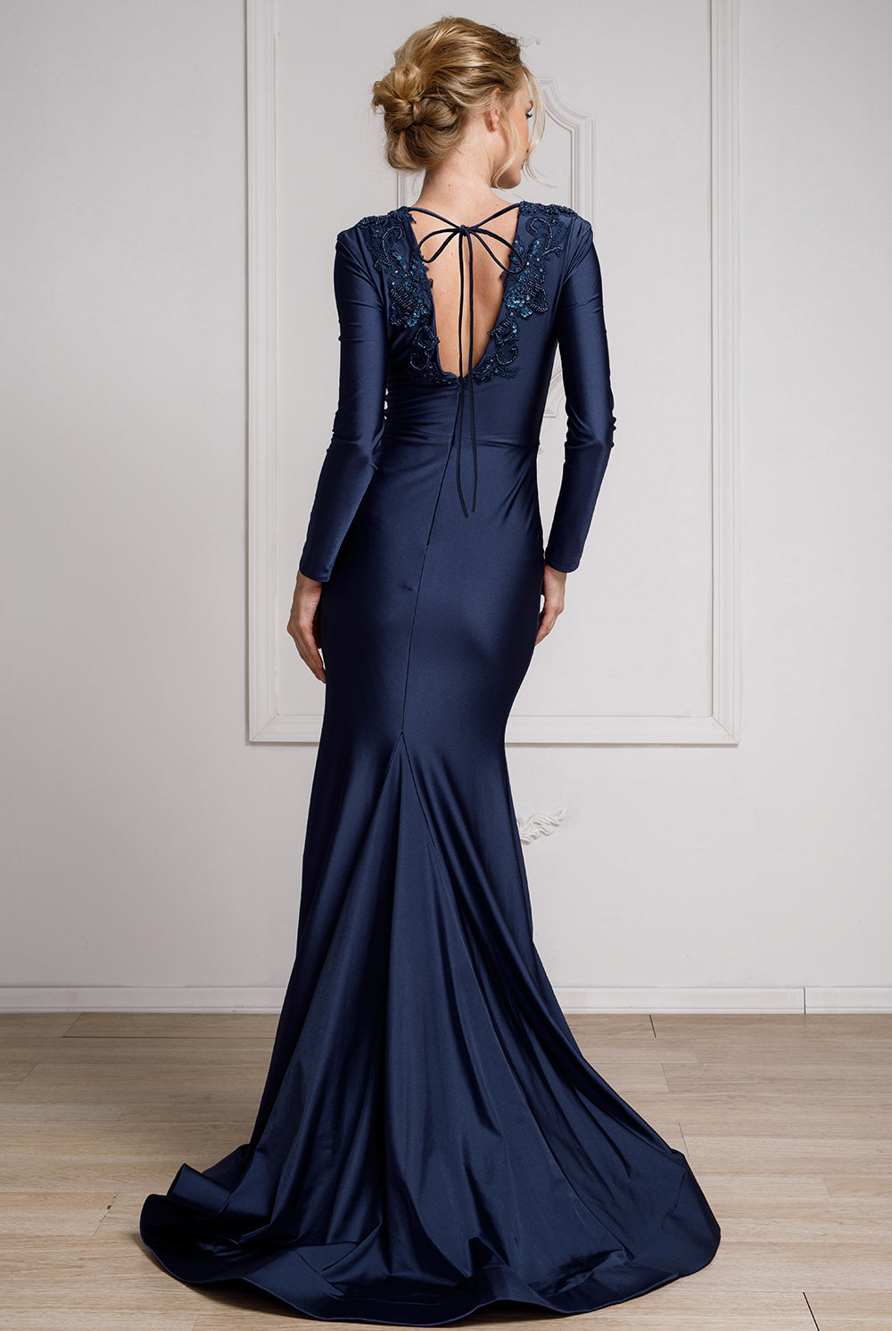 Illusion Deep V-Neck Long Sleeves Mermaid Long Prom Dress AC382-Prom Dress-smcfashion.com