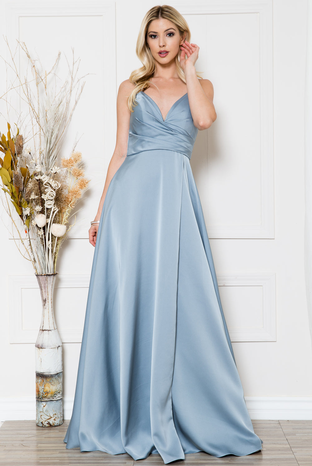 Open V-Back Spaghetti Straps High Slit Saton Long Prom Dress ACBZ012-Prom Dress-smcfashion.com