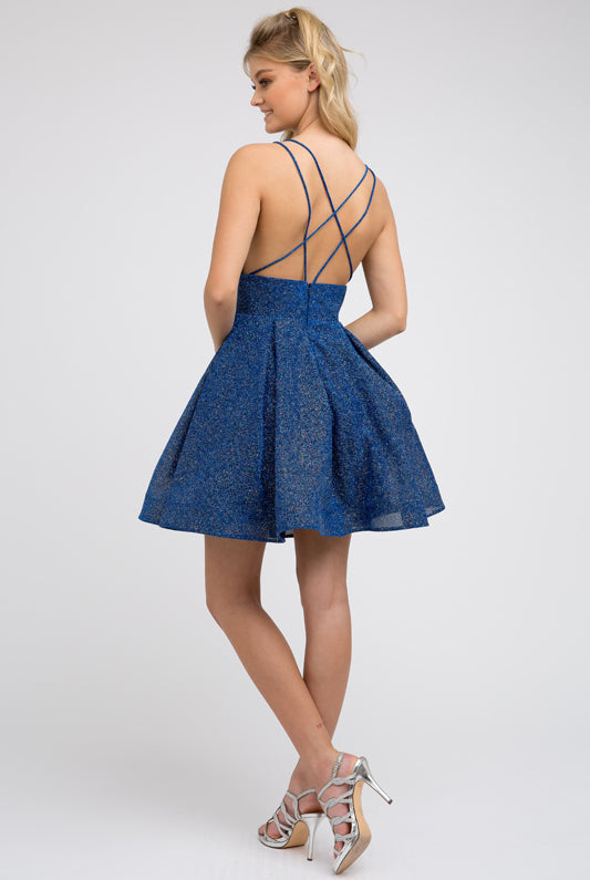 Glitter Fit And Flare Open Criss Cross Bacck Short Cocktail Dress JT850-Cocktail Dress-smcfashion.com