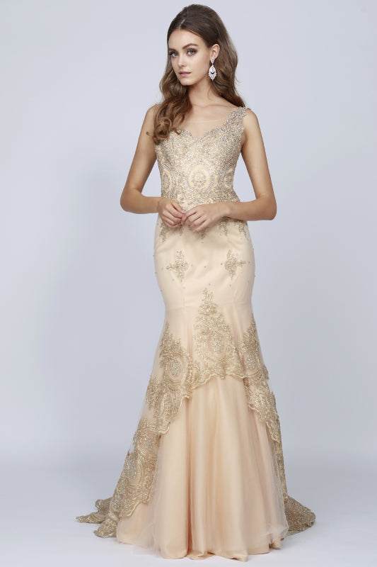 Embellished Lace Mermaid Straps Open V-Back Long Prom Dress JT654-Prom Dress-smcfashion.com