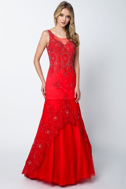 Embellished Lace Mermaid Straps Open V-Back Long Prom Dress JT654-Prom Dress-smcfashion.com
