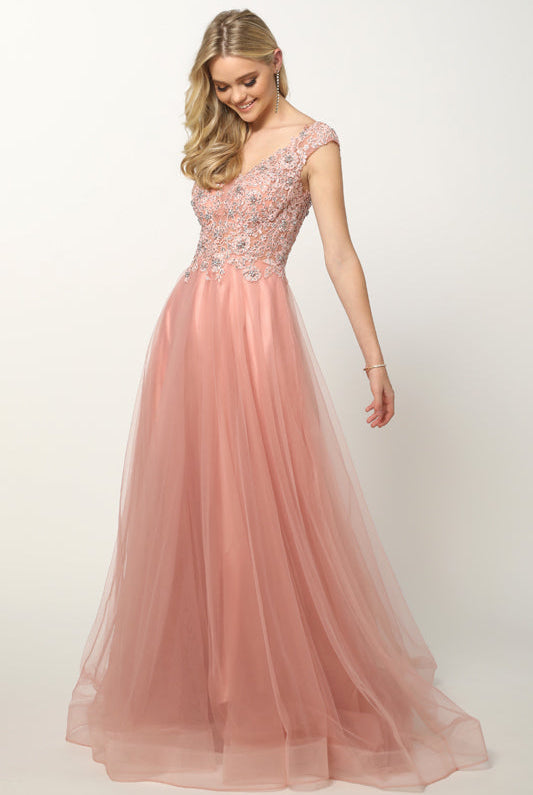Embroidered Lace Bodice Cap Sleeves Tulle Skirt Long Prom Dress JT684-Prom Dress-smcfashion.com