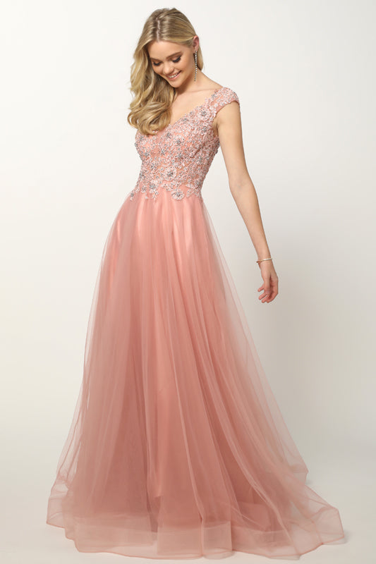Embroidered Lace Bodice Cap Sleeves Tulle Skirt Long Prom Dress JT684-Prom Dress-smcfashion.com