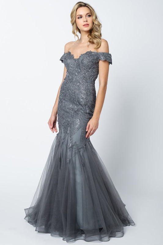 Embellished Lace Off Shoulder Mermaid Long Prom Dress JT693-Wedding Dress-smcfashion.com