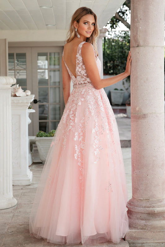 Embroidered Lace Embellished Jewel Waist Long Prom Dress JT224-Prom Dress-smcfashion.com