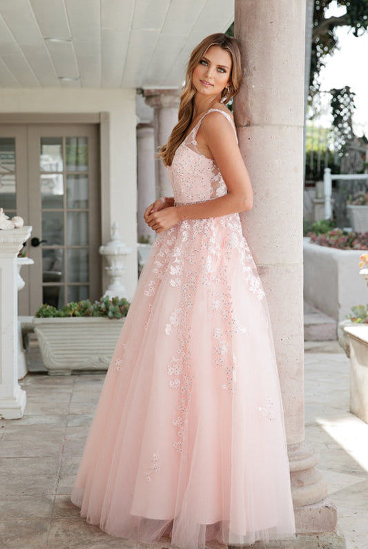 Embroidered Lace Embellished Jewel Waist Long Prom Dress JT224-Prom Dress-smcfashion.com