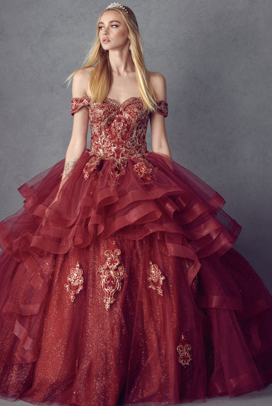Metallic Embroidery With Glitter Satin Long Quinceanera Dress JT1432-Quinceanera Dress-smcfashion.com