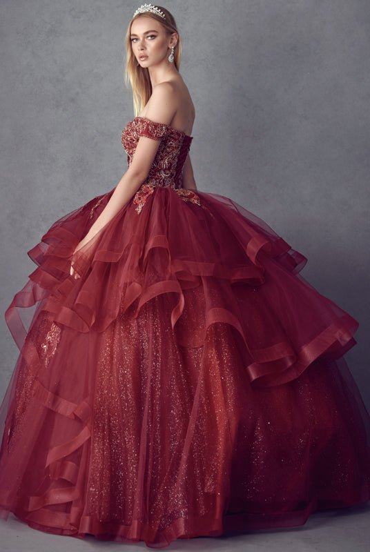 Metallic Embroidery With Glitter Satin Long Quinceanera Dress JT1432-Quinceanera Dress-smcfashion.com