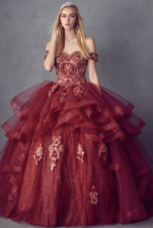 Metallic Embroidery With Glitter Satin Long Quinceanera Dress JT1432-Quinceanera Dress-smcfashion.com