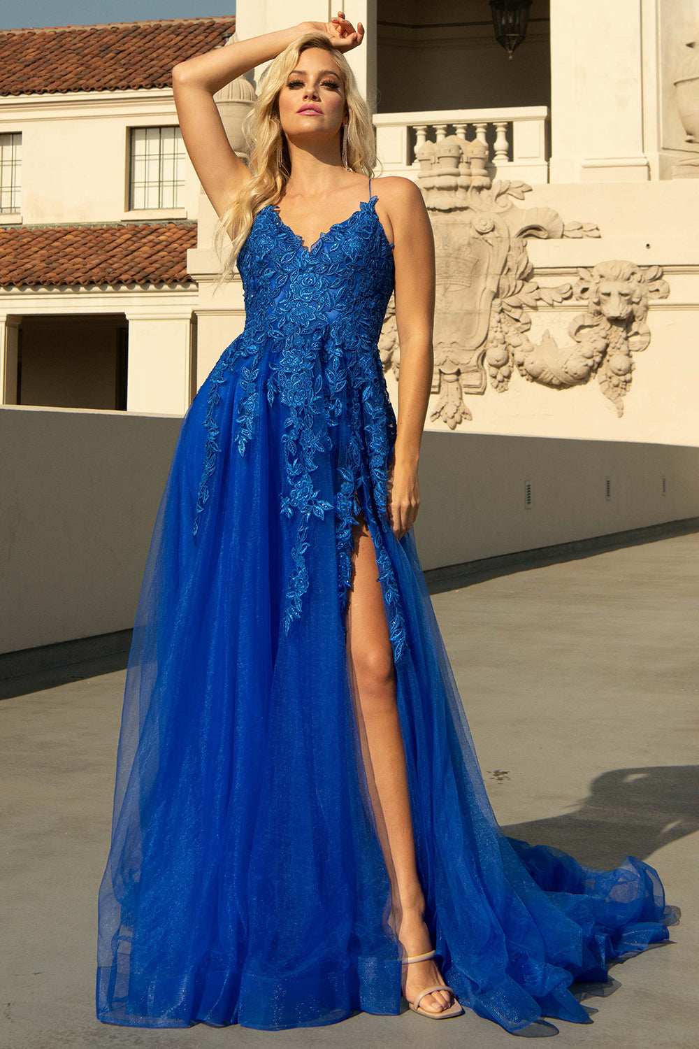 V-Neck Embroidered Lace Tulle Skirt Slit Long Wedding & Prom Dress ACBZ014-Prom Dress-smcfashion.com