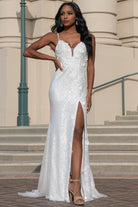 Embroidered Sequin Slit Flower Detailed Long Evening & Wedding Dress AC5020-Wedding Dress-smcfashion.com