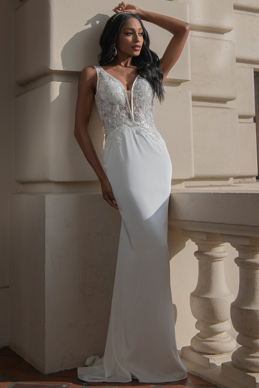 Open V-Back Illusion V-Neck Mermaid Long Wedding Dress AC5030-Wedding Dress-smcfashion.com