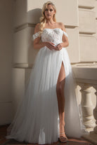 Off Shoulder Sheer Bodice Side Slit Long Wedding Dress AC5023-smcfashion.com