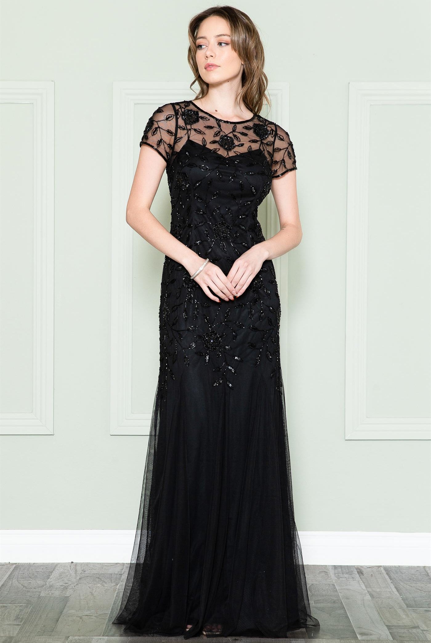 Embroidered Bodice Illusion Short Sleeves Long Mother Of The Bride Dress ACIN002-Mother of the Bride Dress-smcfashion.com