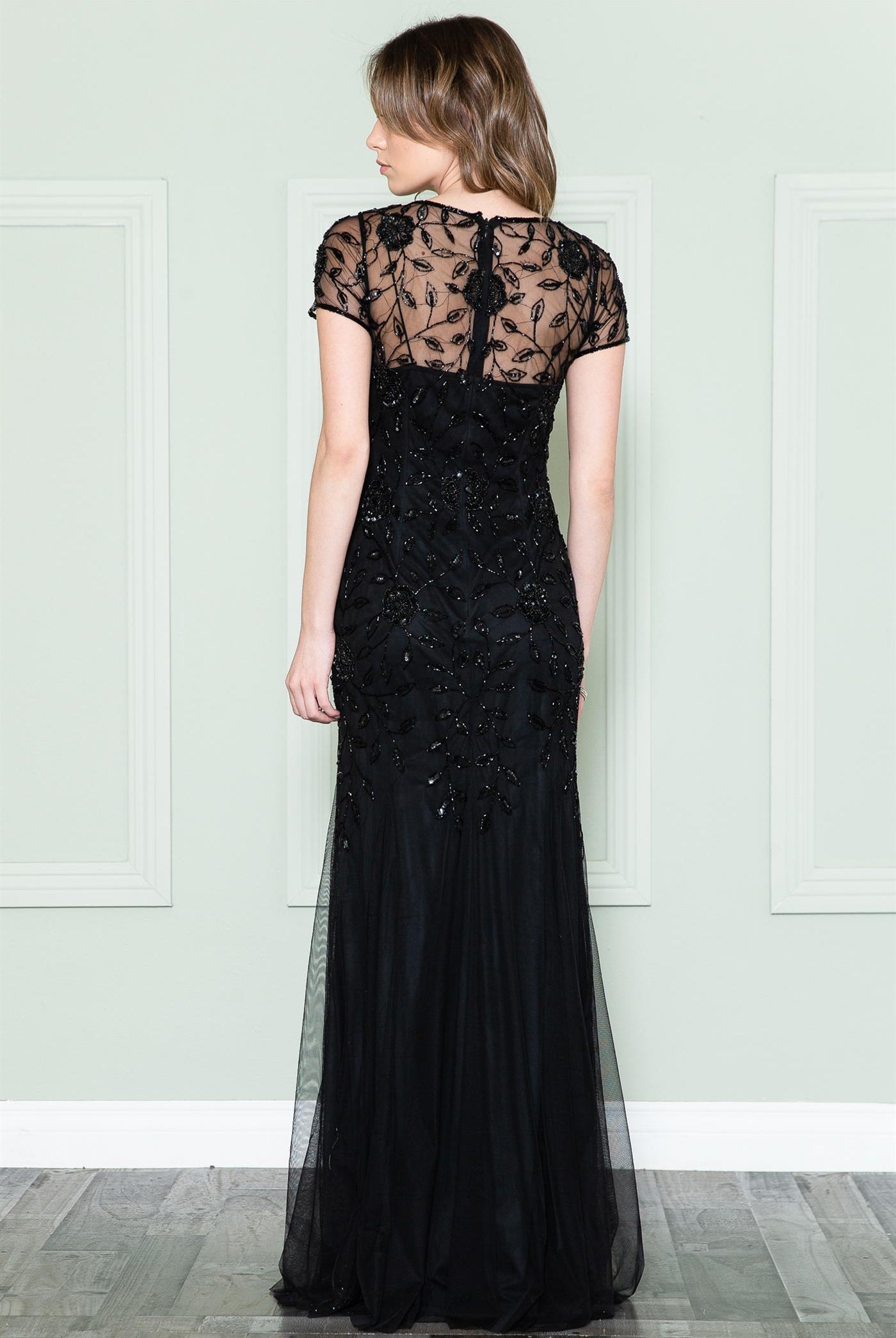 Embroidered Bodice Illusion Short Sleeves Long Mother Of The Bride Dress ACIN002-Mother of the Bride Dress-smcfashion.com