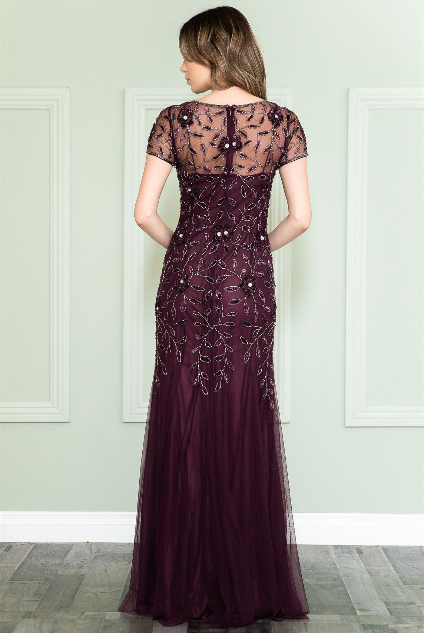 Embroidered Bodice Illusion Short Sleeves Long Mother Of The Bride Dress ACIN002-Mother of the Bride Dress-smcfashion.com