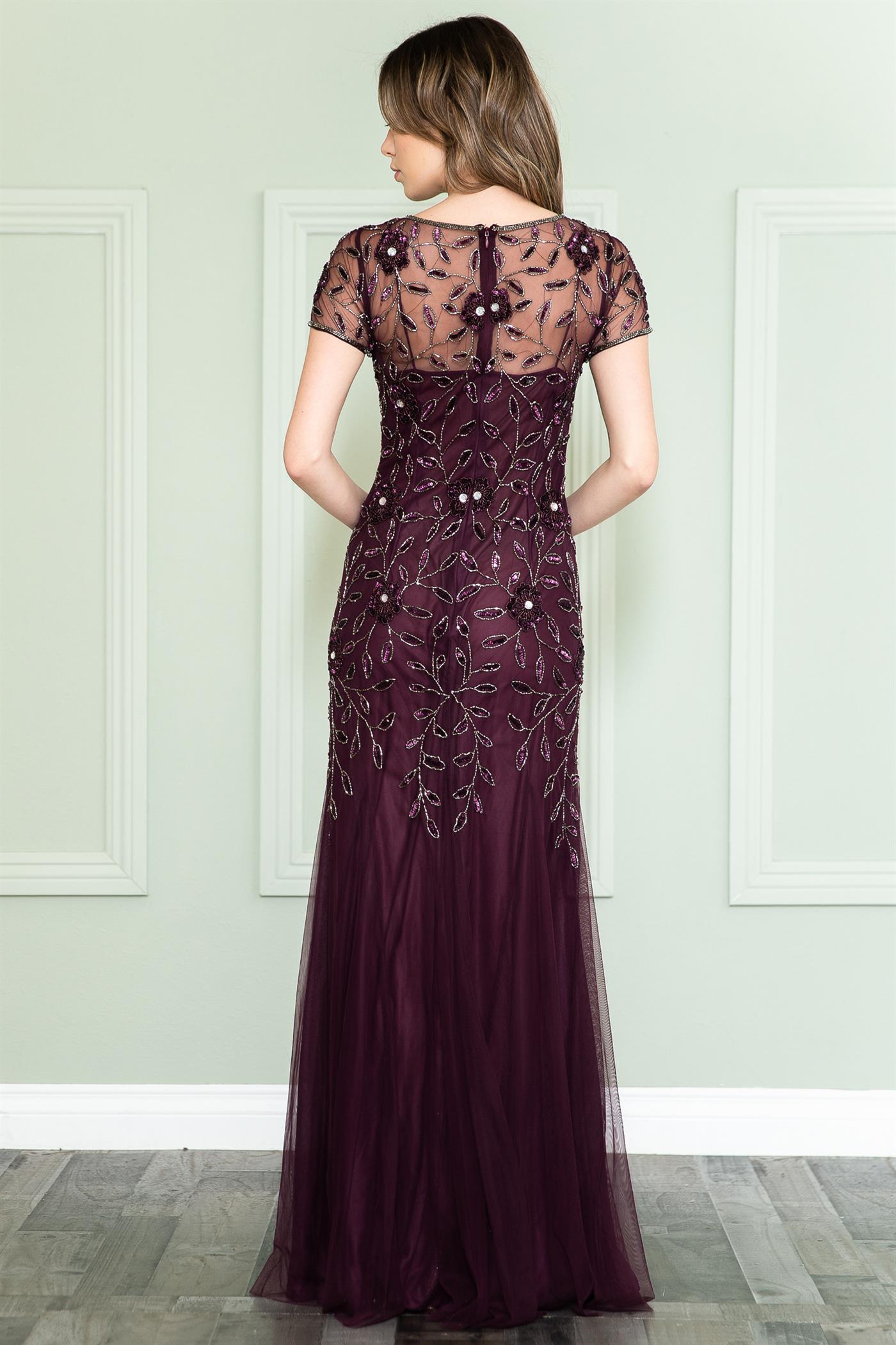 Embroidered Bodice Illusion Short Sleeves Long Mother Of The Bride Dress ACIN002-Mother of the Bride Dress-smcfashion.com