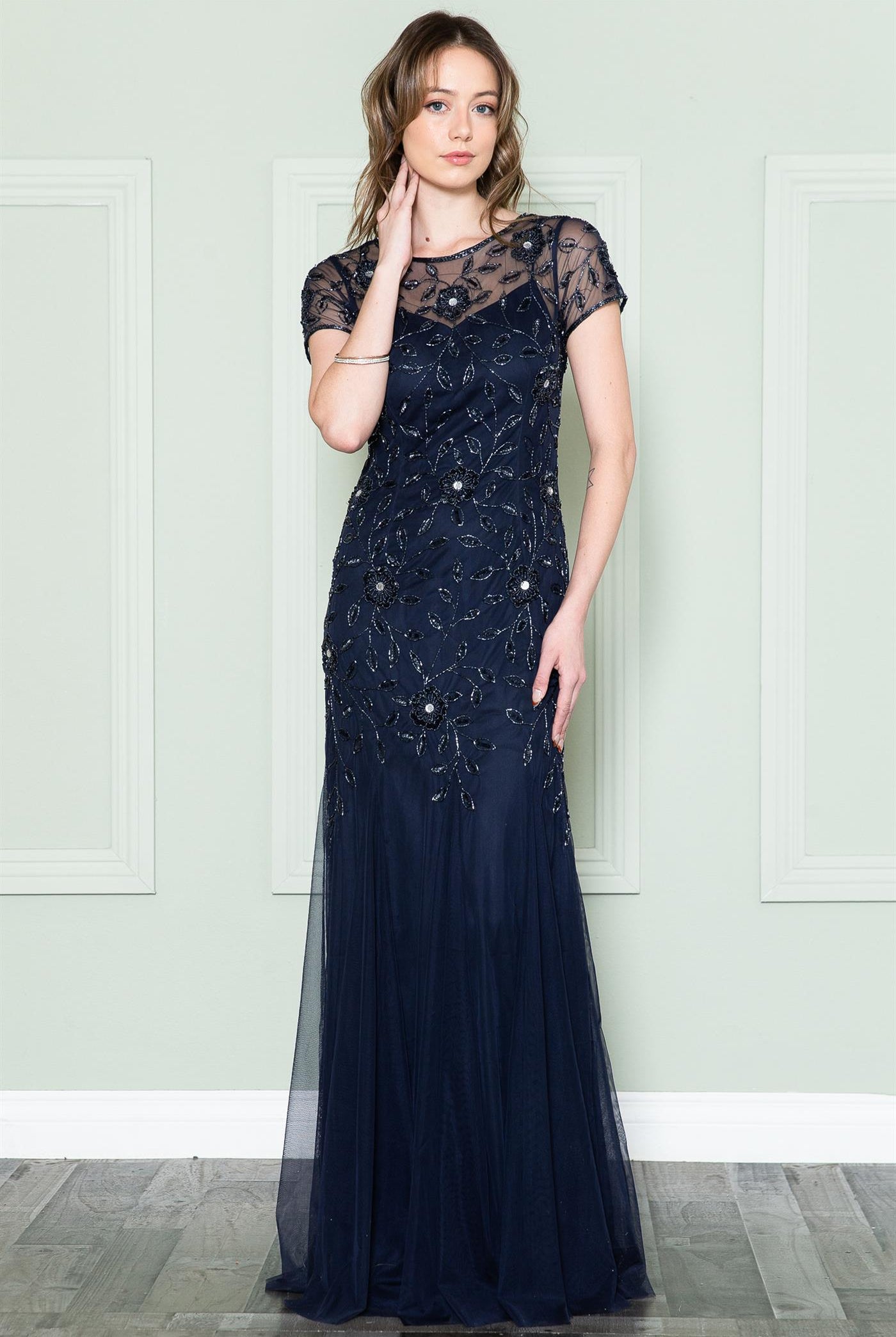 Embroidered Bodice Illusion Short Sleeves Long Mother Of The Bride Dress ACIN002-Mother of the Bride Dress-smcfashion.com