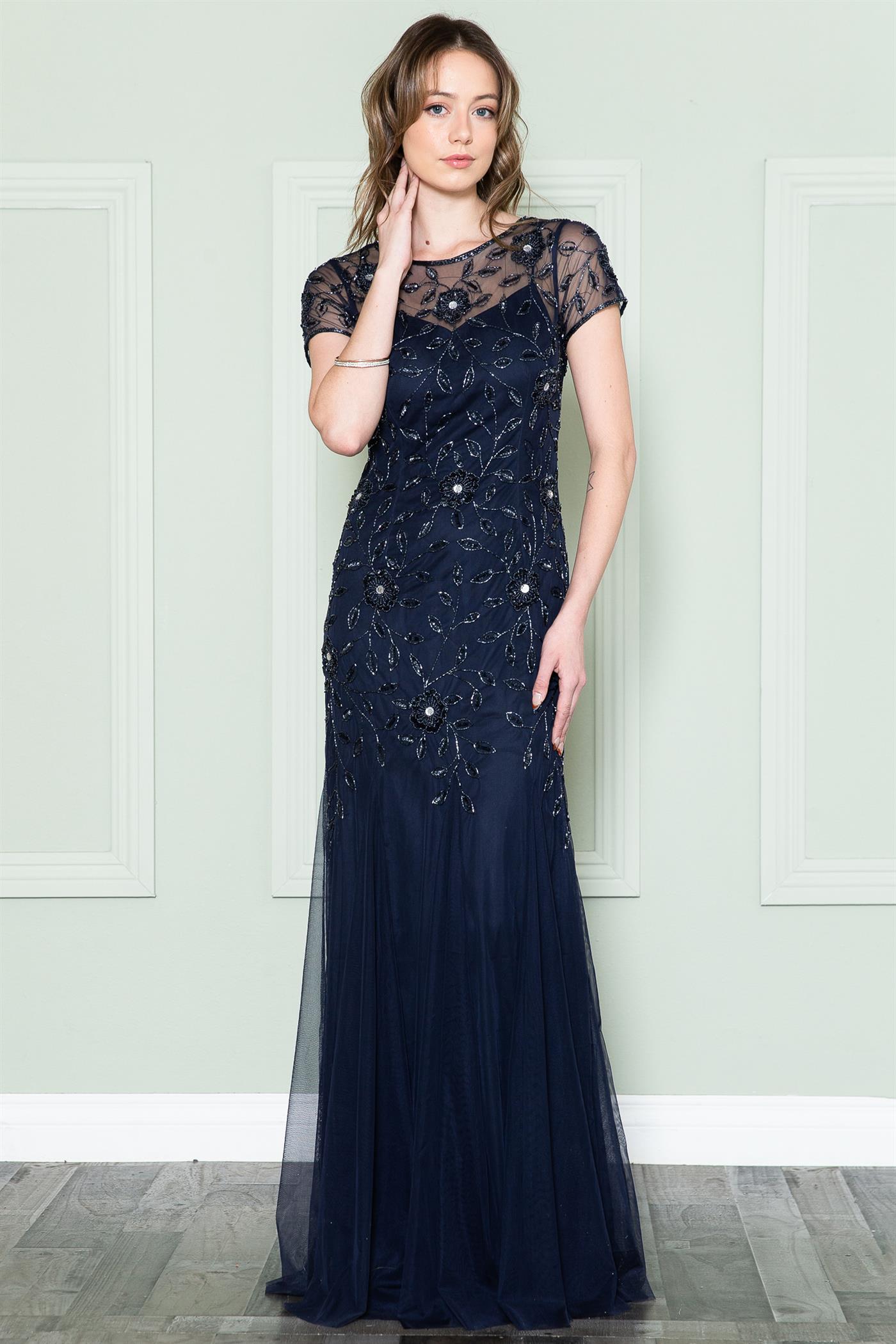 Embroidered Bodice Illusion Short Sleeves Long Mother Of The Bride Dress ACIN002-Mother of the Bride Dress-smcfashion.com