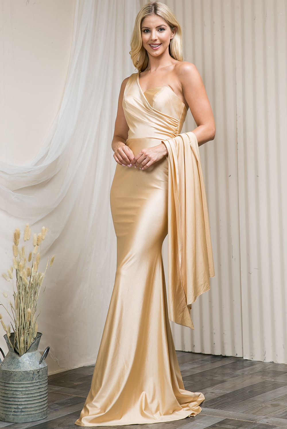 One Shoulder Fit & Flare Lycra Eleganr Side Cape Long Prom Dress AC387-Prom Dress-smcfashion.com