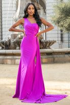 One Shoulder Fit & Flare Lycra Eleganr Side Cape Long Prom Dress AC387-Prom Dress-smcfashion.com