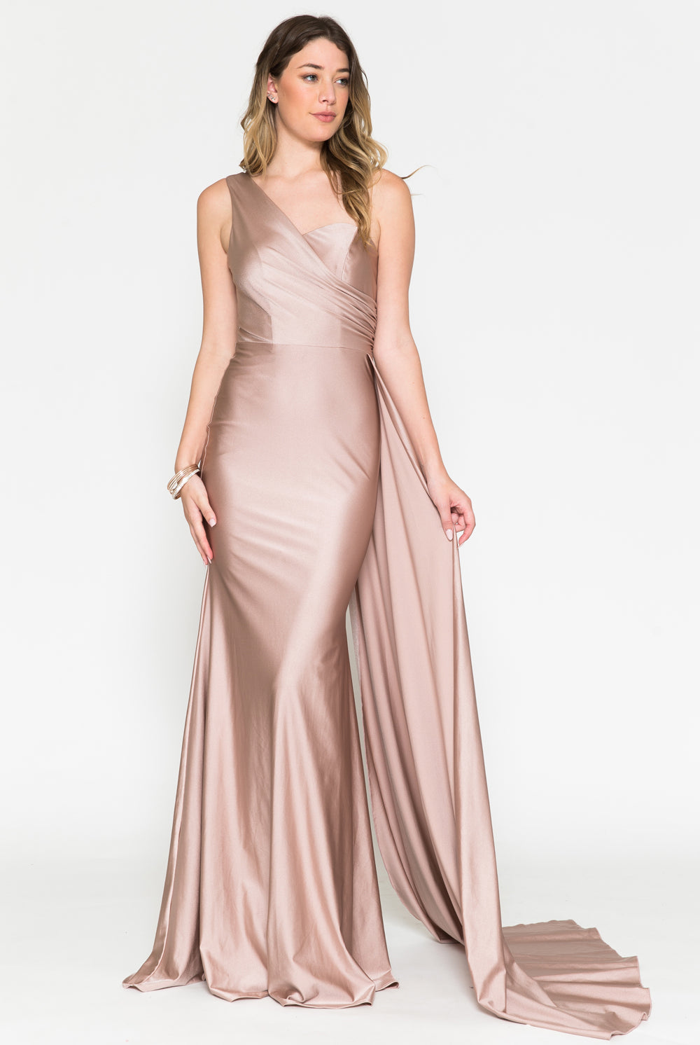 One Shoulder Fit & Flare Lycra Eleganr Side Cape Long Prom Dress AC387-Prom Dress-smcfashion.com