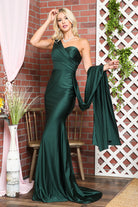 One Shoulder Fit & Flare Lycra Eleganr Side Cape Long Prom Dress AC387-Prom Dress-smcfashion.com