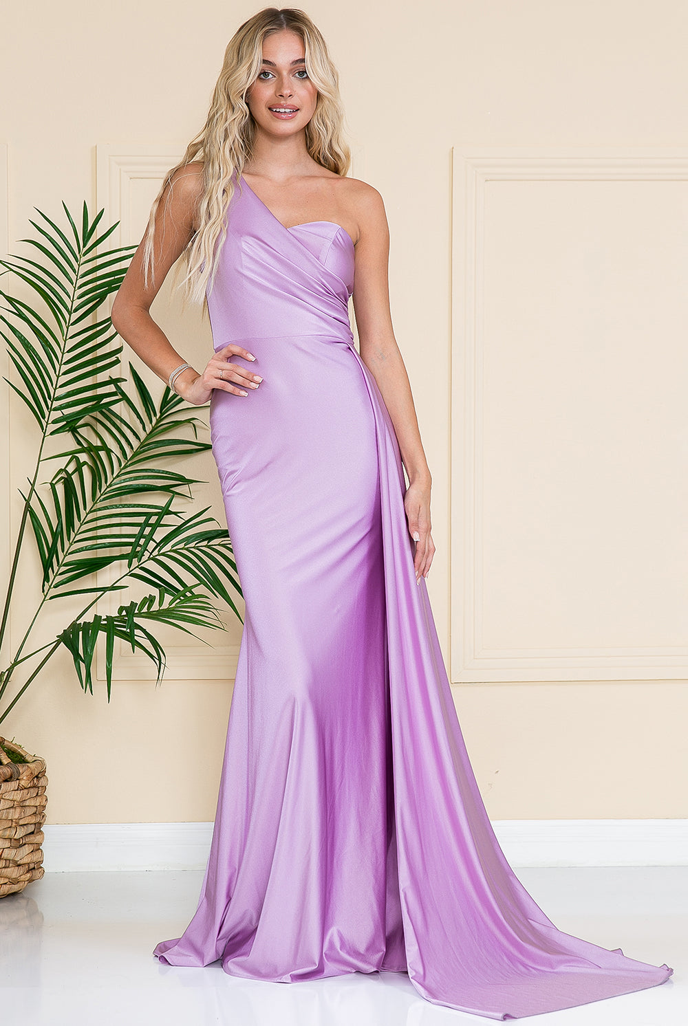 One Shoulder Fit & Flare Lycra Eleganr Side Cape Long Prom Dress AC387-Prom Dress-smcfashion.com