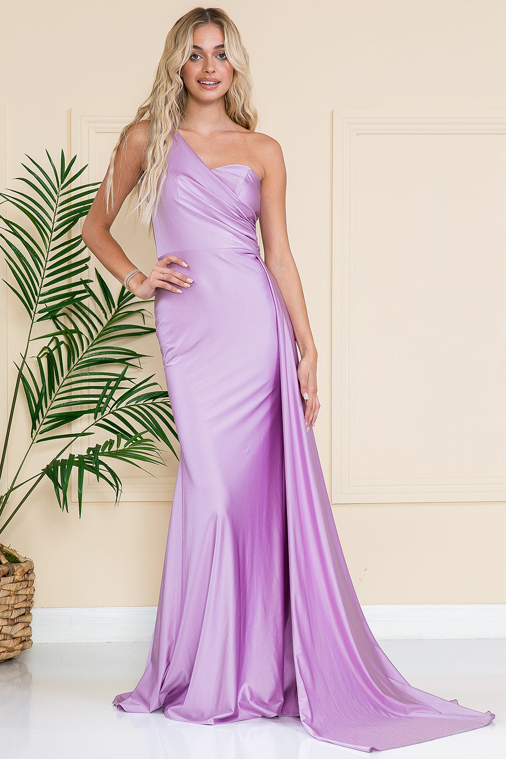 One Shoulder Fit & Flare Lycra Eleganr Side Cape Long Prom Dress AC387-Prom Dress-smcfashion.com