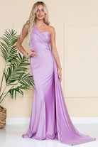One Shoulder Fit & Flare Lycra Eleganr Side Cape Long Prom Dress AC387-Prom Dress-smcfashion.com