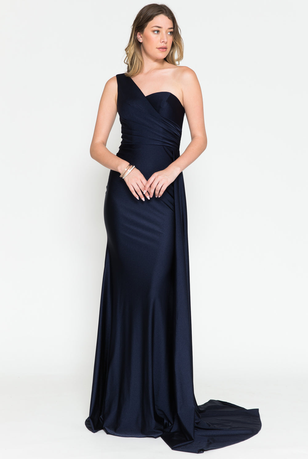One Shoulder Fit & Flare Lycra Eleganr Side Cape Long Prom Dress AC387-Prom Dress-smcfashion.com