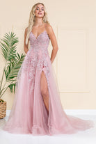 V-Neck Embroidered Lace Tulle Skirt Slit Long Wedding & Prom Dress ACBZ014-Prom Dress-smcfashion.com