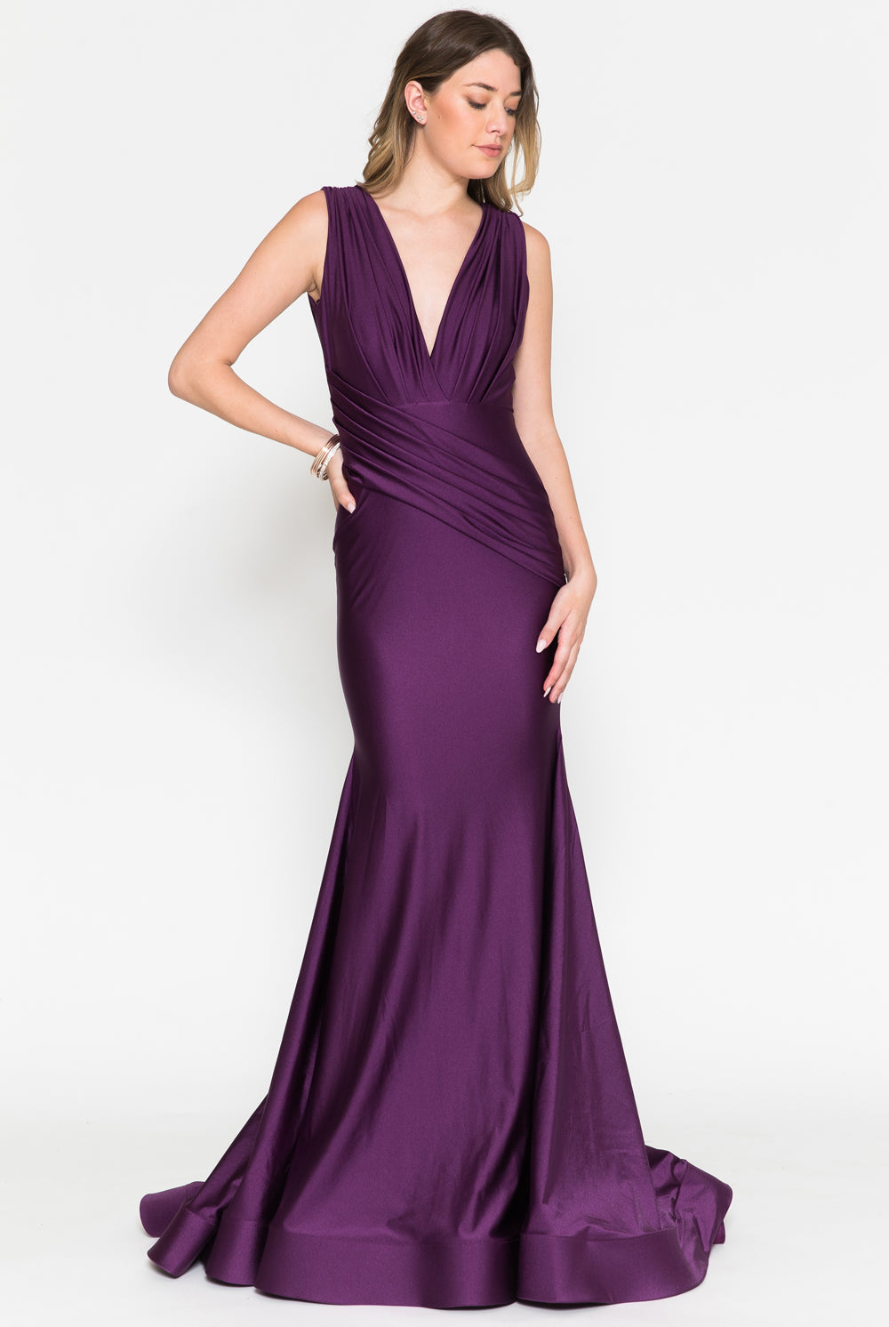 Sleeveless Fit & Flare Lycra Ruched Waist Plunge Neck Long Prom Dress AC370-1-Prom Dress-smcfashion.com