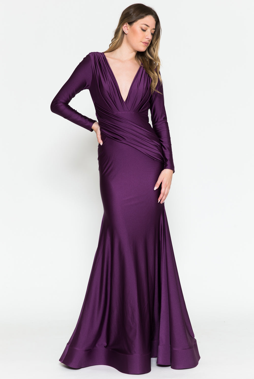 Long Sleeve Plunge Neckline Open Back Long Prom Dress AC381-1-Mother Of The Bride Dress-smcfashion.com