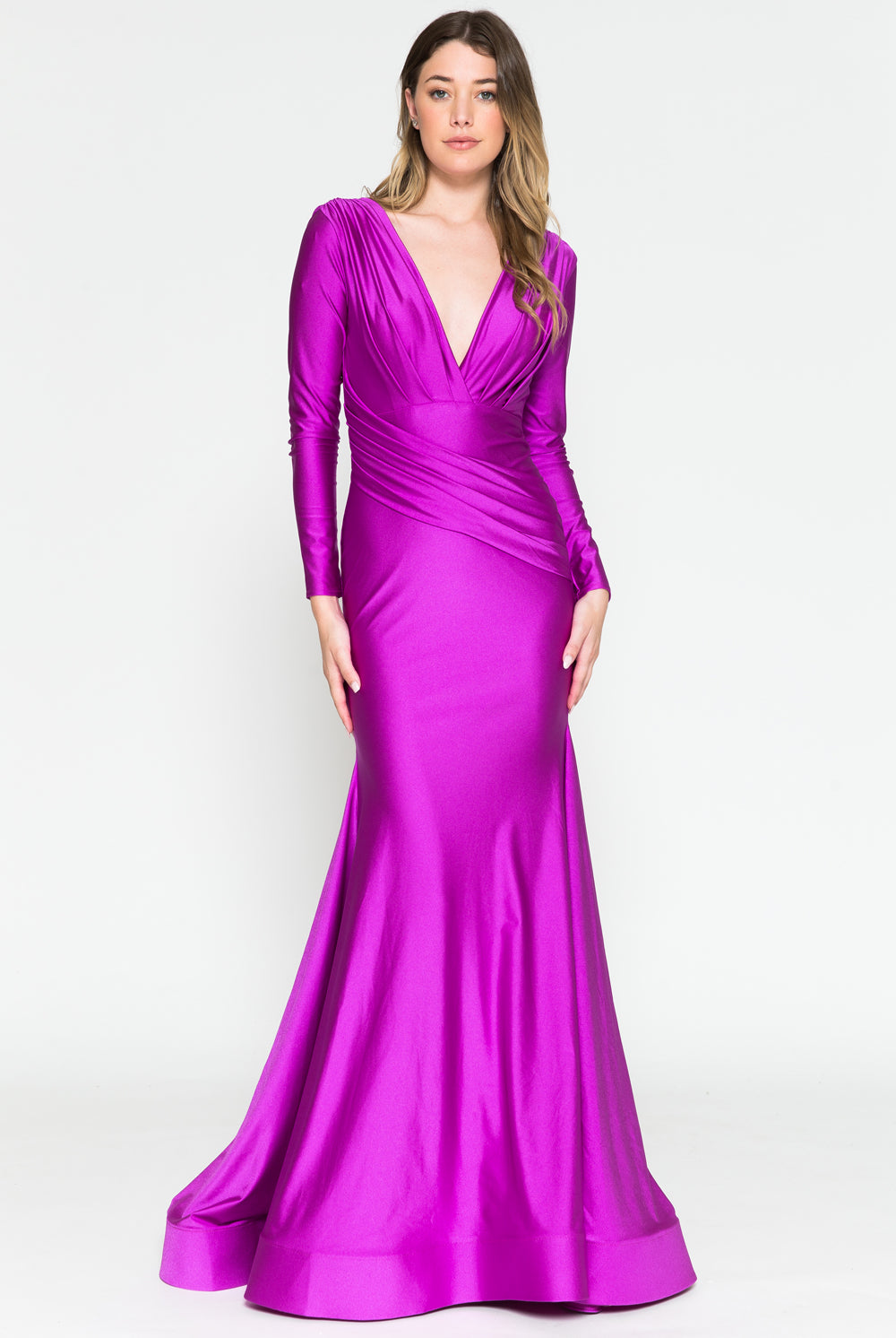 Long Sleeve Plunge Neckline Open Back Long Prom Dress AC381-1-Mother Of The Bride Dress-smcfashion.com