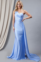 One Shoulder Fit & Flare Lycra Eleganr Side Cape Long Prom Dress AC387-Prom Dress-smcfashion.com