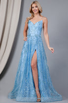 Glitter Embroidererd Lace Side Slit Open V-Back Long Prom Dress ACEL010-Prom Dress-smcfashion.com