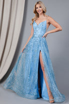 Glitter Embroidererd Lace Side Slit Open V-Back Long Prom Dress ACEL010-Prom Dress-smcfashion.com