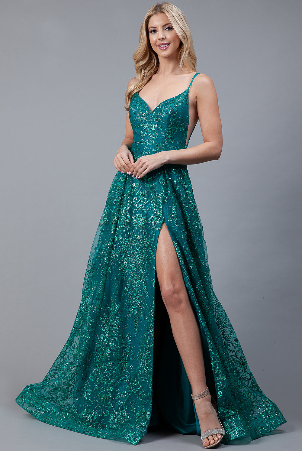 Glitter Embroidererd Lace Side Slit Open V-Back Long Prom Dress ACEL010-Prom Dress-smcfashion.com