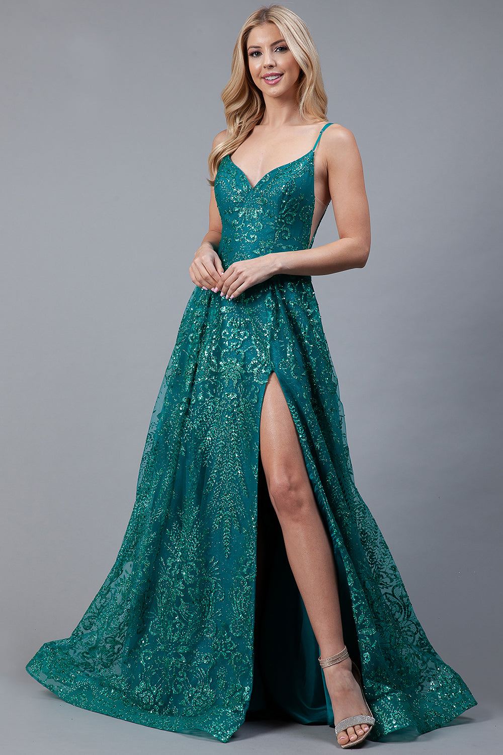 Glitter Embroidererd Lace Side Slit Open V-Back Long Prom Dress ACEL010-Prom Dress-smcfashion.com