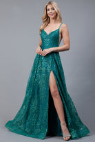 Glitter Embroidererd Lace Side Slit Open V-Back Long Prom Dress ACEL010-Prom Dress-smcfashion.com