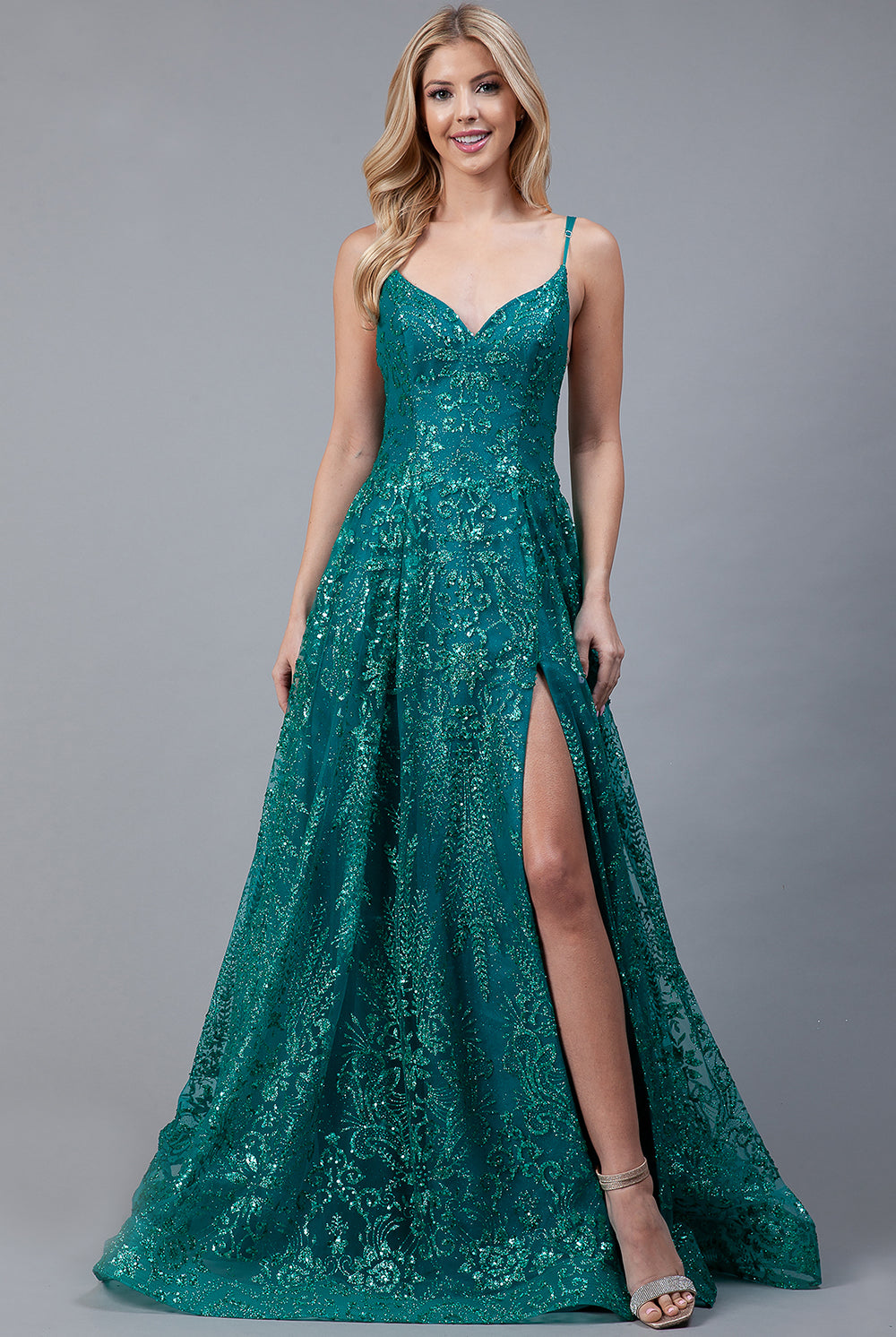 Glitter Embroidererd Lace Side Slit Open V-Back Long Prom Dress ACEL010-Prom Dress-smcfashion.com