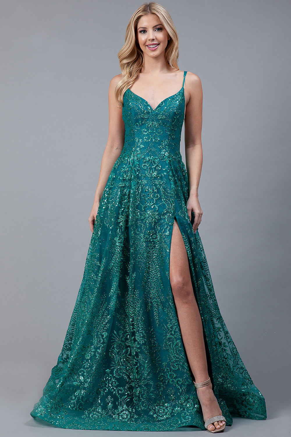 Glitter Embroidererd Lace Side Slit Open V-Back Long Prom Dress ACEL010-Prom Dress-smcfashion.com