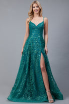 Glitter Embroidererd Lace Side Slit Open V-Back Long Prom Dress ACEL010-Prom Dress-smcfashion.com