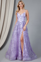 Glitter Embroidererd Lace Side Slit Open V-Back Long Prom Dress ACEL010-Prom Dress-smcfashion.com