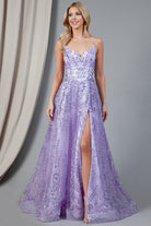 Glitter Embroidererd Lace Side Slit Open V-Back Long Prom Dress ACEL010-Prom Dress-smcfashion.com