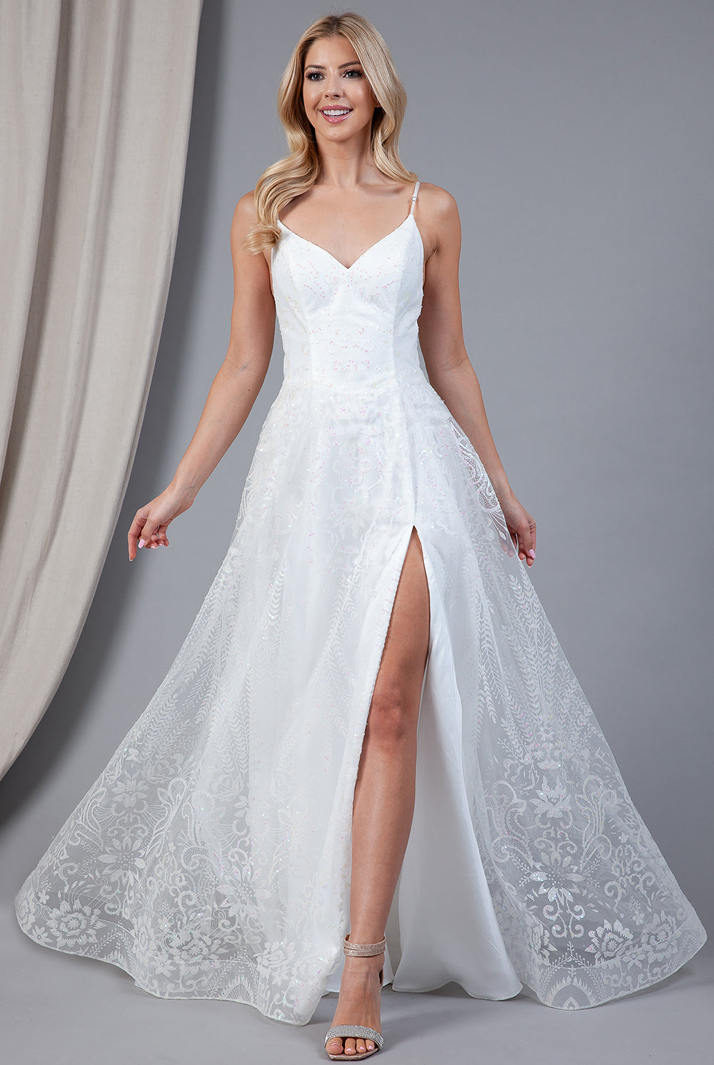 Glitter Embroidererd Lace Side Slit Open V-Back Long Prom Dress ACEL010-Prom Dress-smcfashion.com