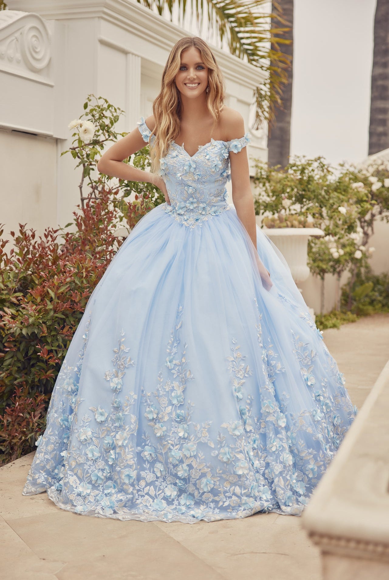 Floral Applique Off Shoulder Straps Long Quinceanera Dress JT1434-Quinceanera Dress-smcfashion.com