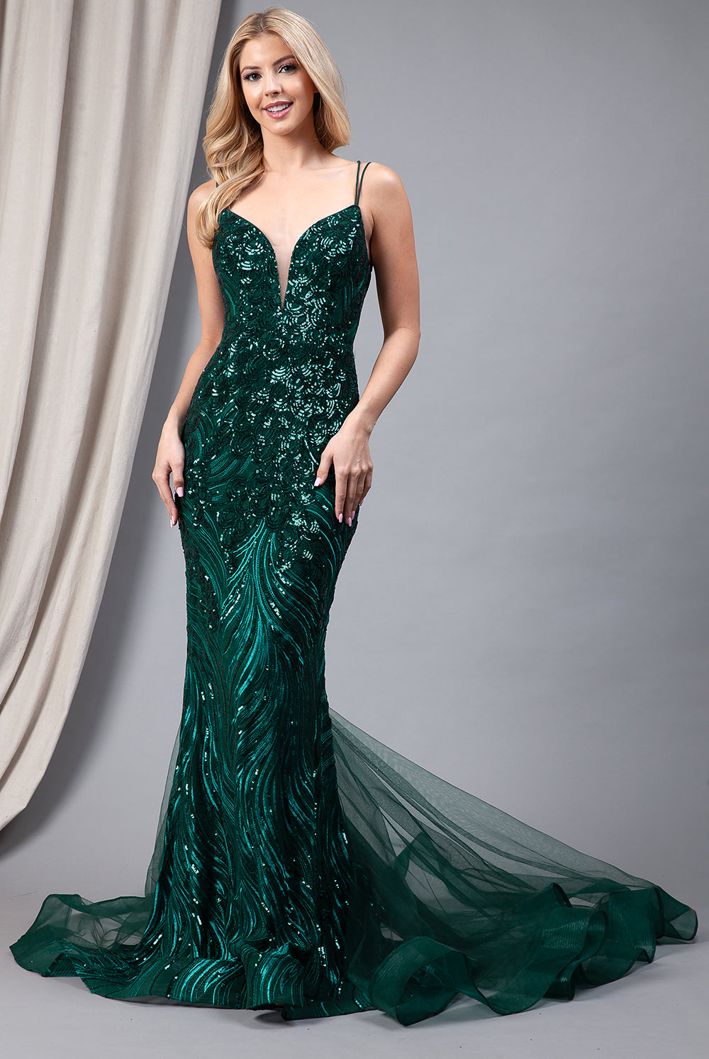 Embroidered Sequins Tulle Skirt Illusion V-Neck Long Prom Dress AC7021-Prom Dress-smcfashion.com