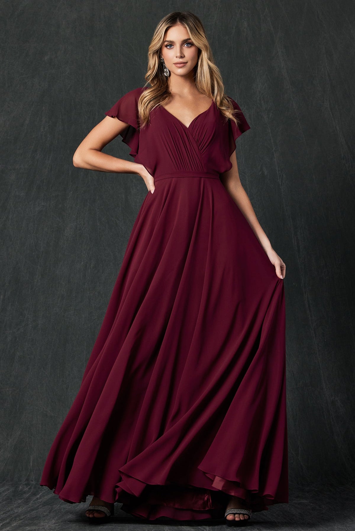 Flutter Sleeve Cascade Back Chiffon Long Bridesmaid Dress JT261-Bridesmaid Dress-smcfashion.com